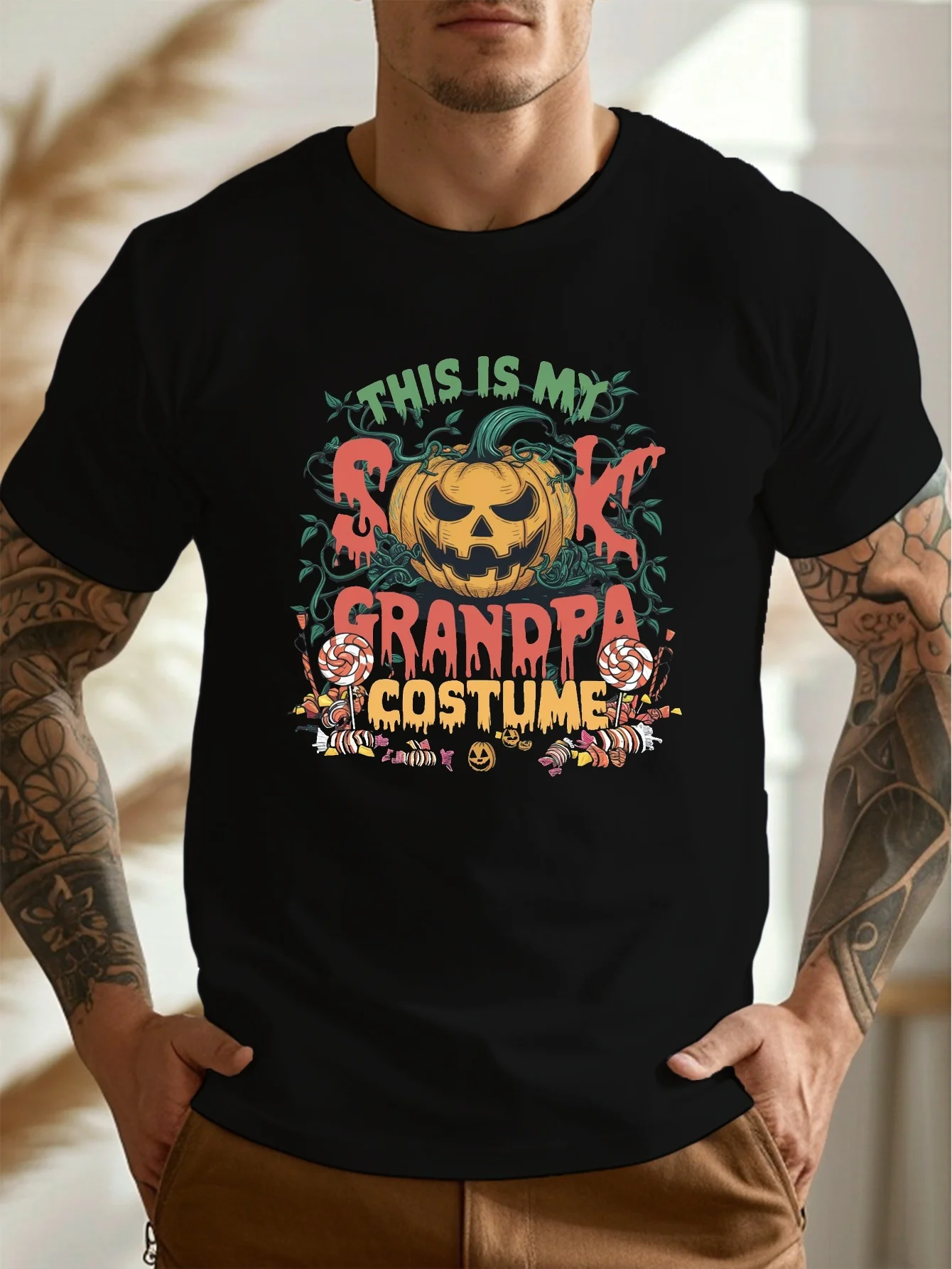 

Men's "This is my Weird Grandpa's Costume" pattern T-shirt, casual and lightweight round-neck Halloween T-shirt