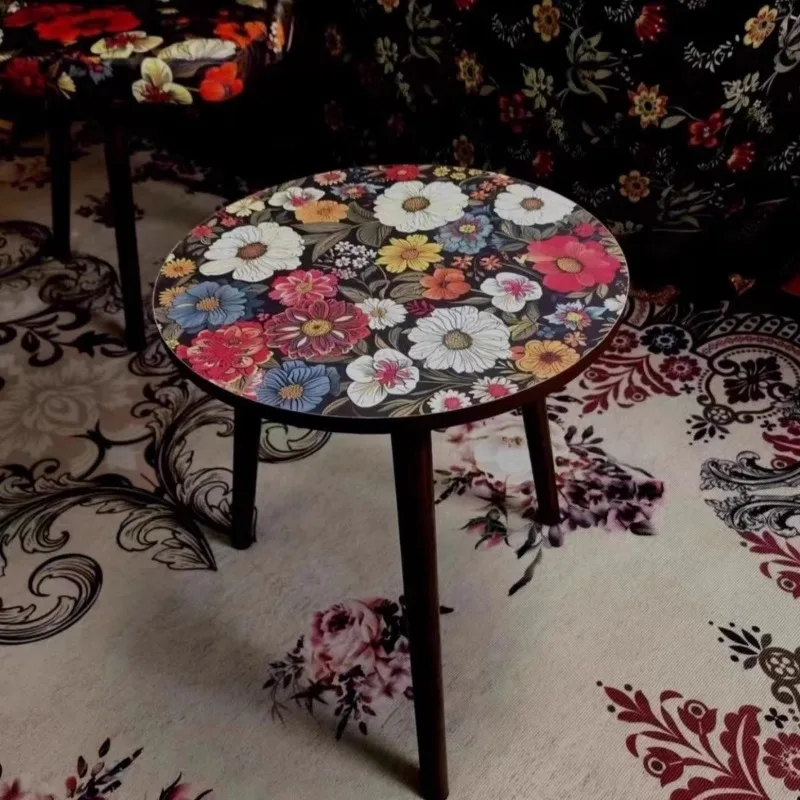 Colorful Boho Side Table Printed Coffee Table Round Accent Side Table End Table  Living Room Couch Bedroom Wood Bed Side Table