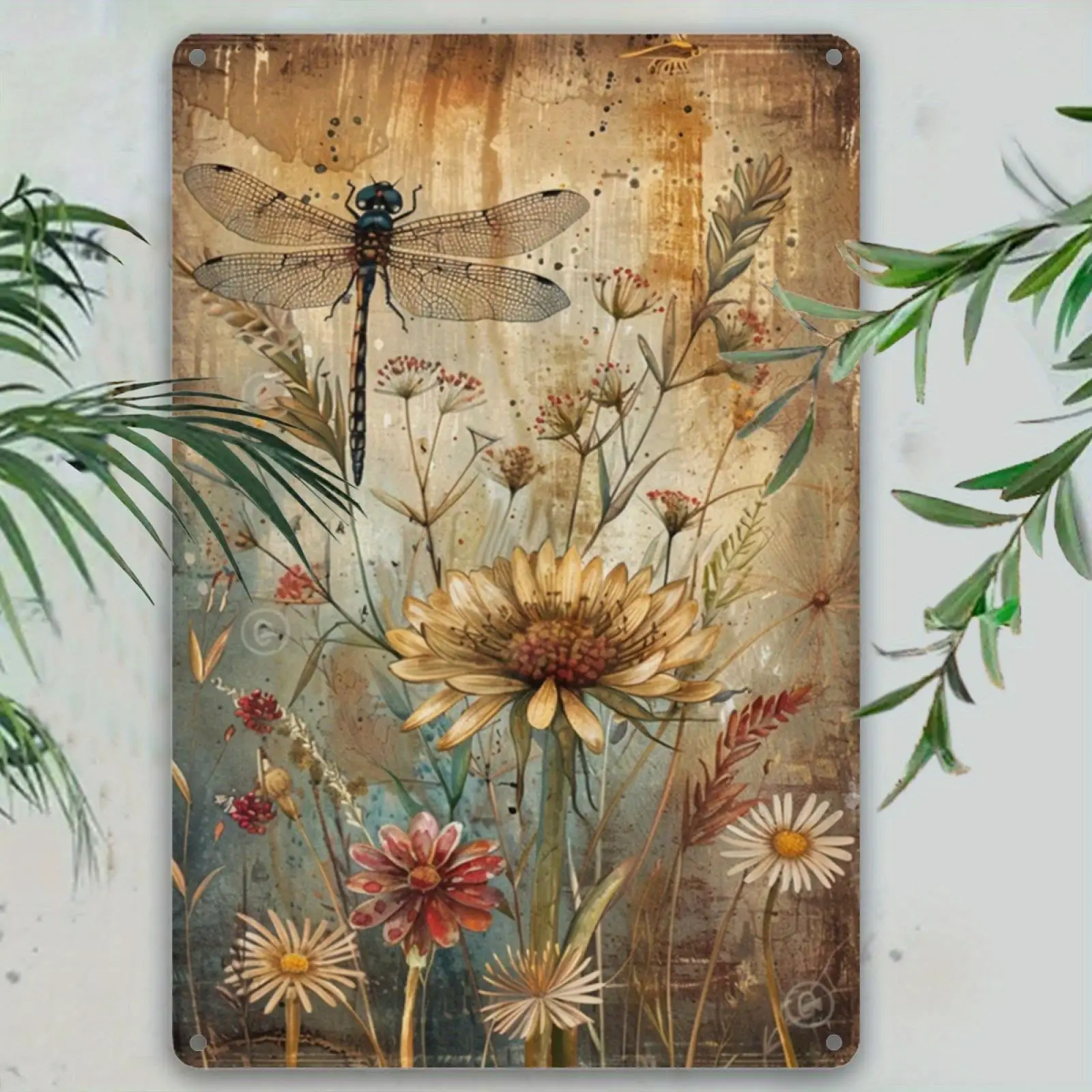 2D Flat - 1pc Vintage Dragonfly & Dandelion Flower Metal Wall Art | 12x8 Inch Sign with Pre-Drilled Holes, Rustic Home Decor for