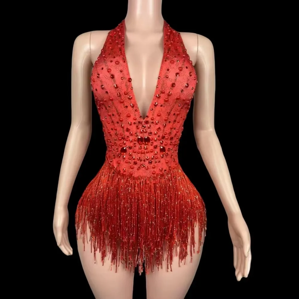

Sparkly Crystal Tassel Backless Bodysuit Nightclub Sexy Stage Wear Red Fringe Leotard Dancer Party Show Performance Costume