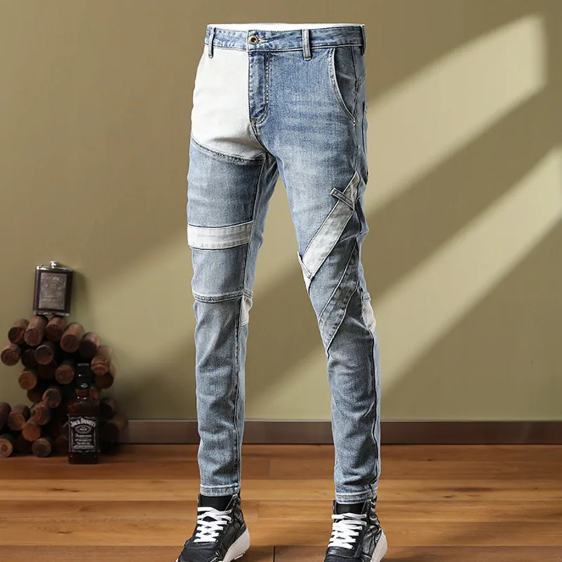 Fall Blue White Contrast Color Stitching Design Slim Fit Stretchy Jean Hip Hop Style Trouser For Men Pantalon Vaquero Hombre