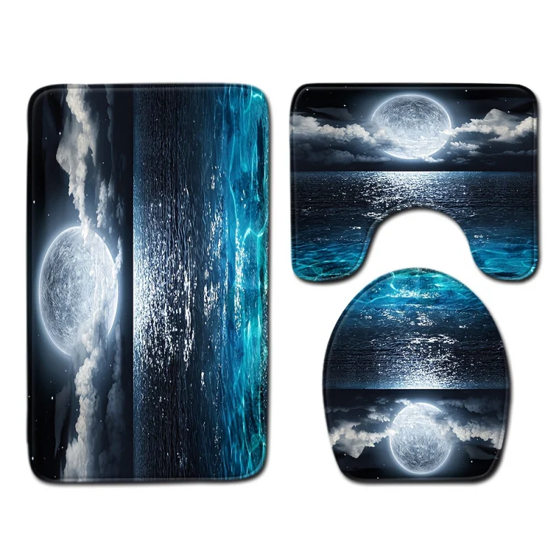 1pc moon print bath, sea level landscape motif bathroom rug, non-slip absorbent door, toilet cover mat, U-shaped contour