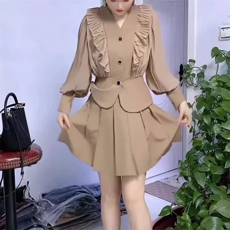 

Fashion Suit Skirt Female 2024Spring New Western Style Slim V-neck Ruffled Long-sleeved Blouse Pleated Skirt Two-piece Suit Tide