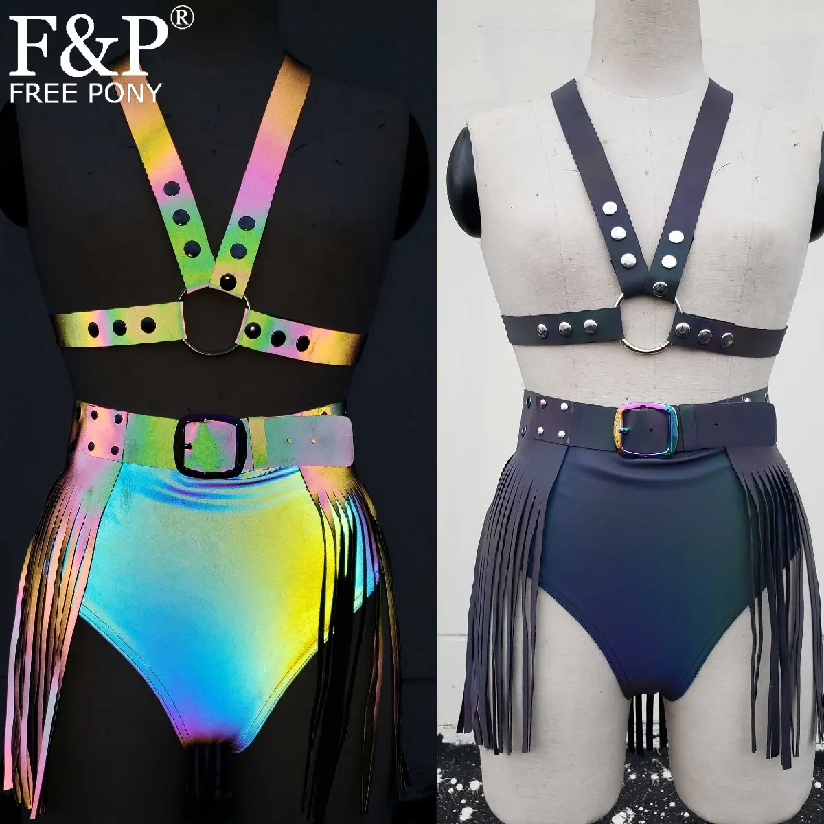 Rainbow Reflective Leather Harness Outfits Fringe Clothing  Burning Man Festival Costume Gogo Pole Dance Bottom Wear Clothes