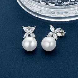 Real 925 Sterling Silver 9mm Natural Freshwater Bread Pearl Drop Stud Earrings for Women Four-leaf Clover Cubic Zirconia Earring