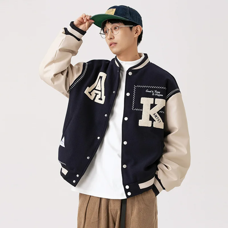 Harajuku Baseball Jacket Men Contrast Color Patchwork Letter Flocking Embroidery College Jackets Couple Casual Oversized Coat