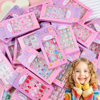 24Pcs/box Kids nails for Girl Cartoon Pattern False Nail Cute Child Fake Nails Tips Kawaii