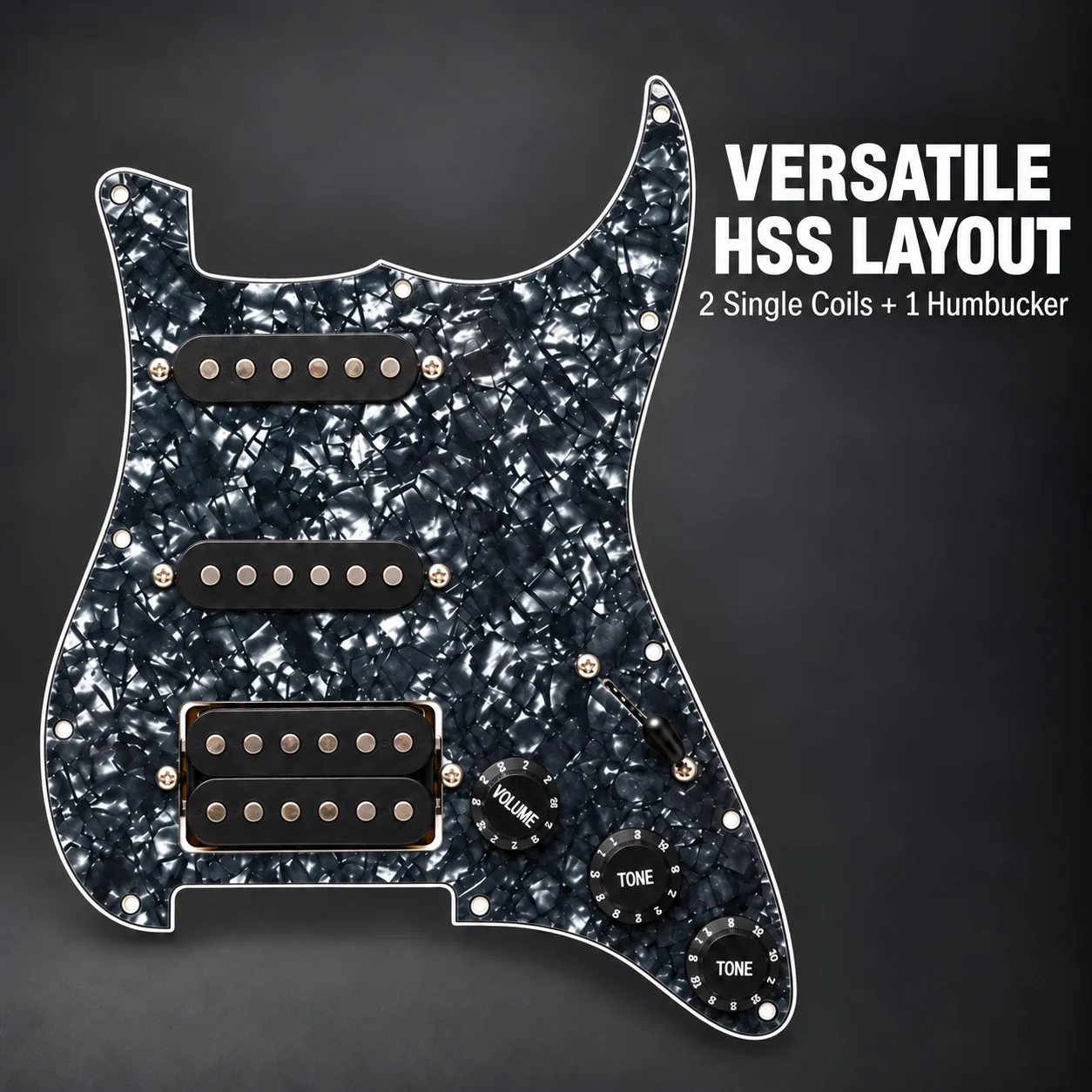 Black Pearl HSS Prewired Pickguard for ST/SQ Style Electric Guitar, 2 Single-Coil Pickups and Humbucker with 5-Way Switch
