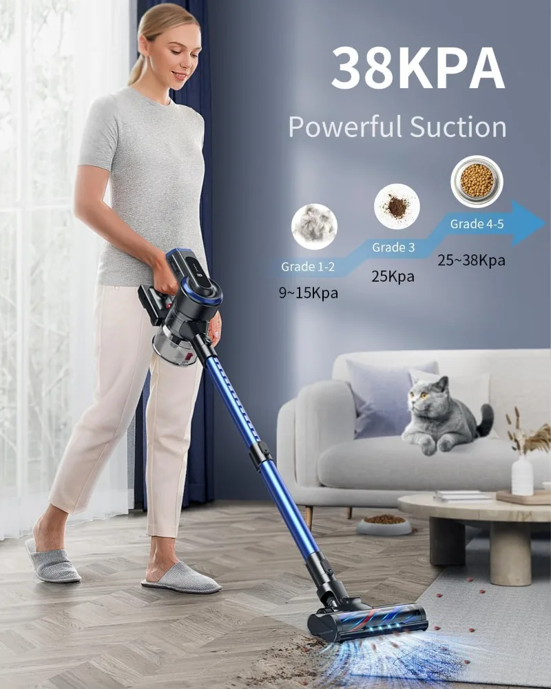 HONITURE Cordless Vacuum Cleaner 450W/38KPa Powerful Stick Vacuum Cleaner with LCD Touch Screen, 55Min Runtime Battery