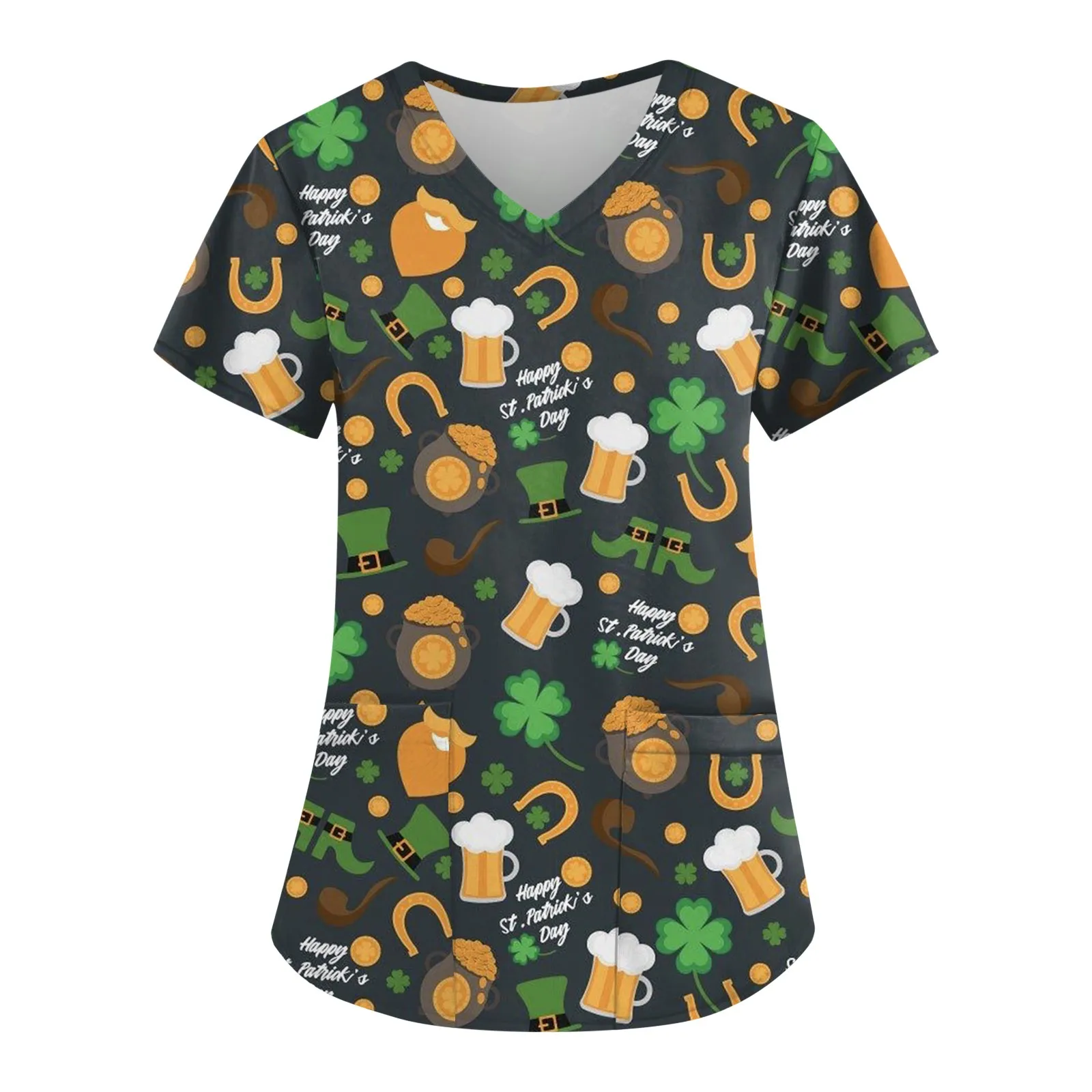 Clovers Print Green Scrub Tops St. Patrick's Day Clinic Carers Nurse Uniform Clinic Staff Blouse Uniform V Neck Workwear Tops