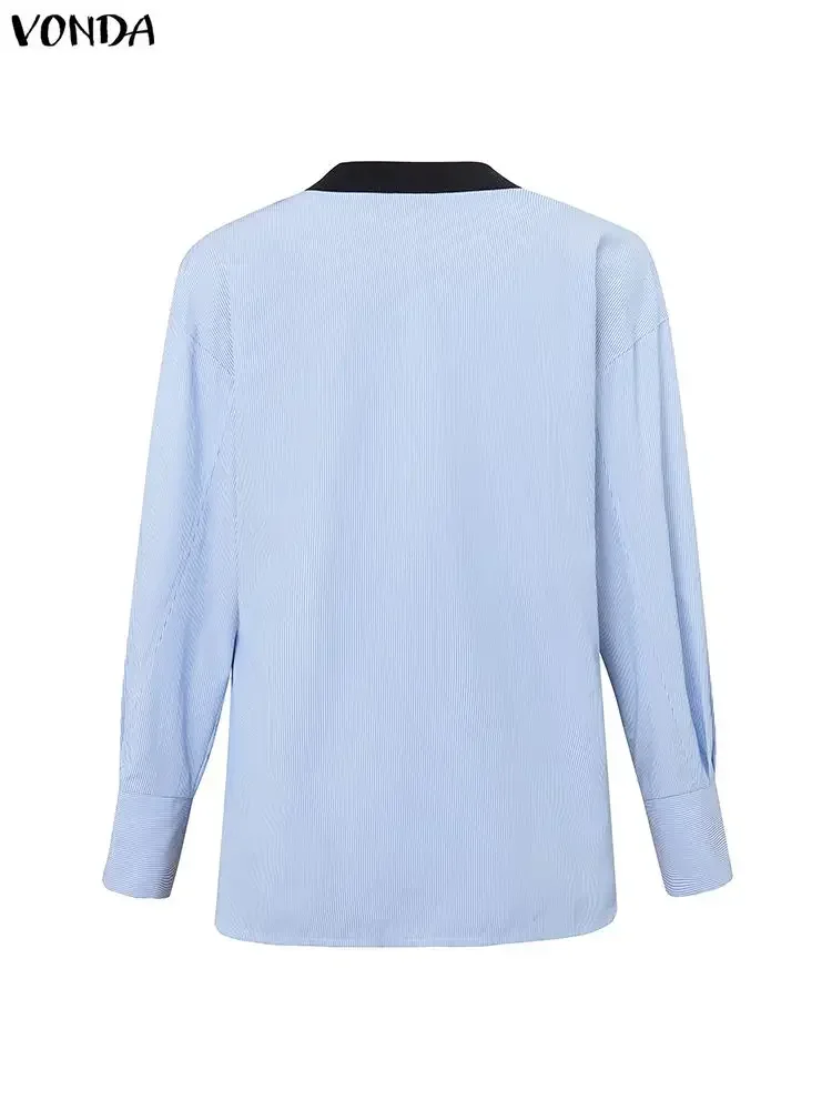Hauts élégants VONDA femmes mode Blouse 2025 automne à manches longues tricoté couleur Patchwork Blusas col en v chemises décontractées grande taille