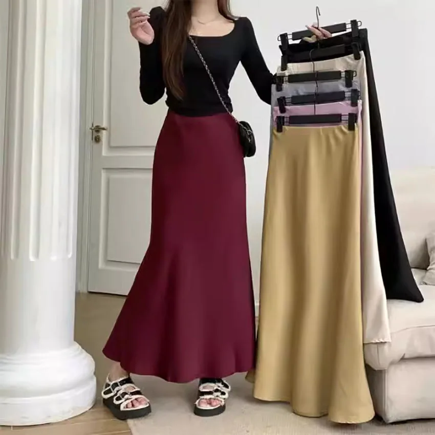 Retro satin fishtail skirt with high waist and slim length hip hugging skirt  niche design high-end feeling  long skirt