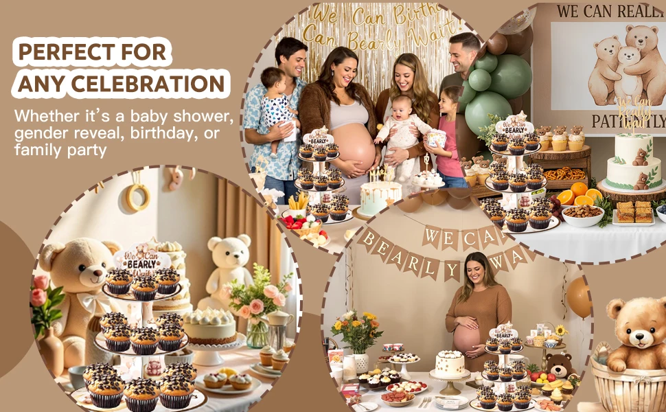 3-stöckiger Cupcake-Ständer mit Bärenmotiv 'We Can Bearly Wait' Babyparty-Dekoration Cupcake-Halter für Gender-Reveal-Party-Zubehör – Detail 5