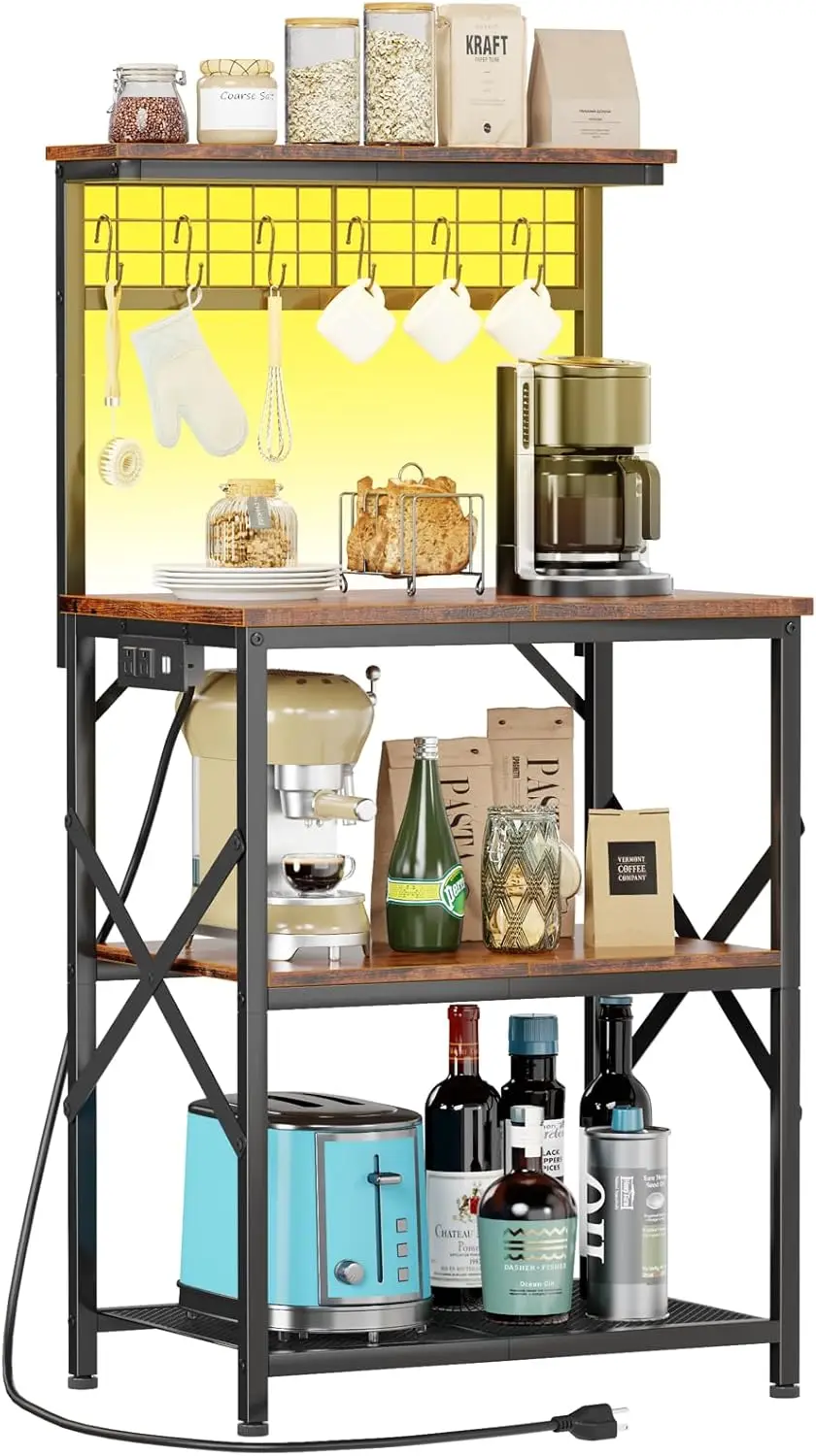 

Bakers Rack with Power Outlet & LED Light, 4-Tier Microwave Stand, Coffee Bar Table with 6 S Hooks, Rustic Brown Kitchen