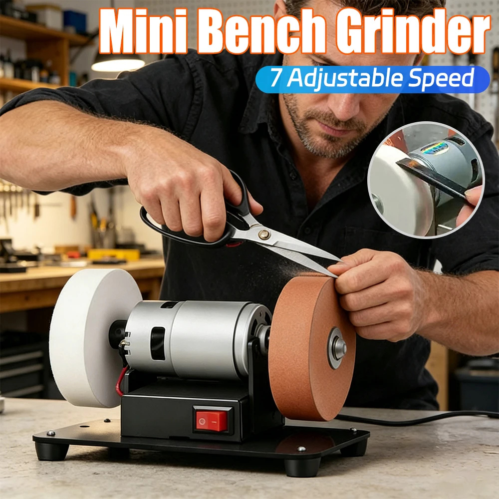 Mini Bench Grinder with 2 Wheels Electric  Sharpener Grinder 7 Adjustable Speed for Metal/Wood/ Making/Jewelry Buffing