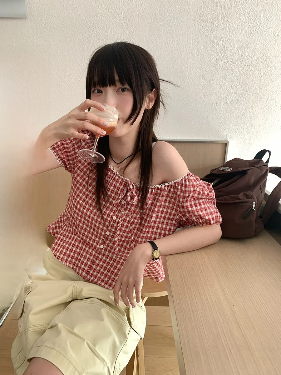 

Рубашка Sinbounboun в клетку, укороченная, с кружевными вставками, квадратным воротником и рукавами-фонариками, женская, повседневная, свободного кроя, из хлопка и полиэстера