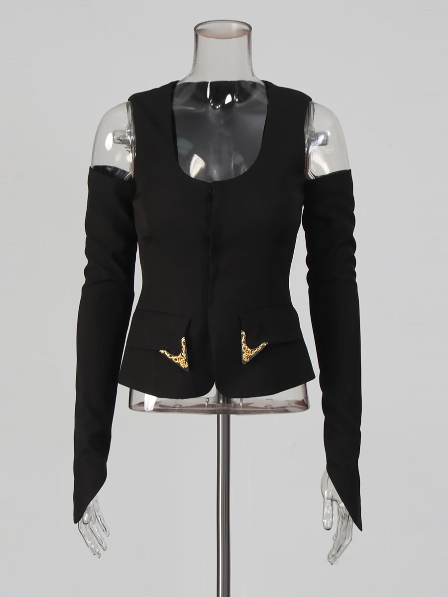 TWOTWINSTYLE Solido Dimagrante Impiombato Con Paillettes Moda Giubbotti per Le Donne Collo Quadrato Off Spalle Maniche Tunica Giacca Femminile Nuovo