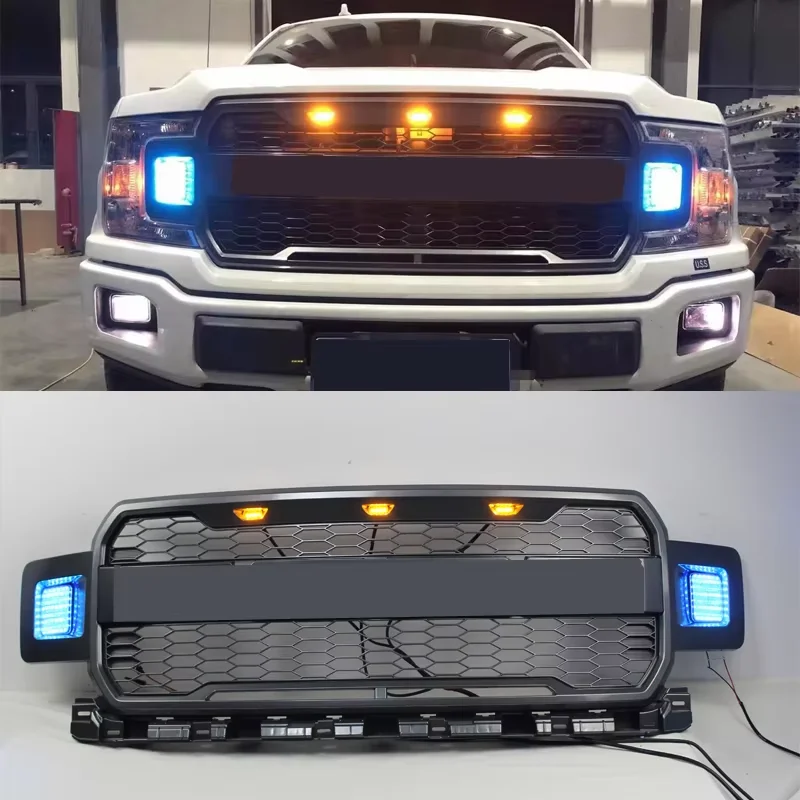 Raptor Style For Ford F150 2018 2019 2020 Car Racing Grills Front Mask Bumper Cover Upper Mesh Grille With LED Light Guard Grid