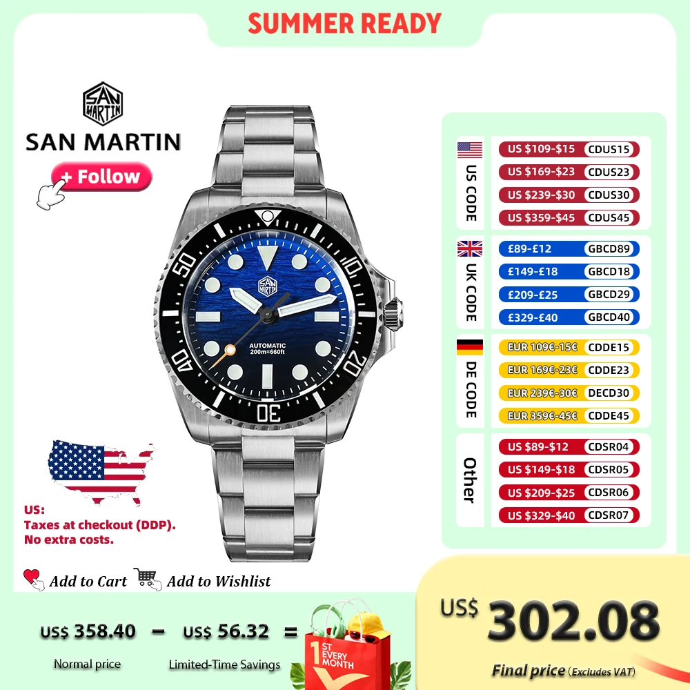 

Мужские дайверские часы San Martin SN0126 38 мм класса люкс с автоматическим механизмом Miyota 90S5, градиентным синим циферблатом с эффектом волн, люминесцентным покрытием BGW-X1, регулируемым браслетом OTF, водонепроницаемостью 20 АТМ.