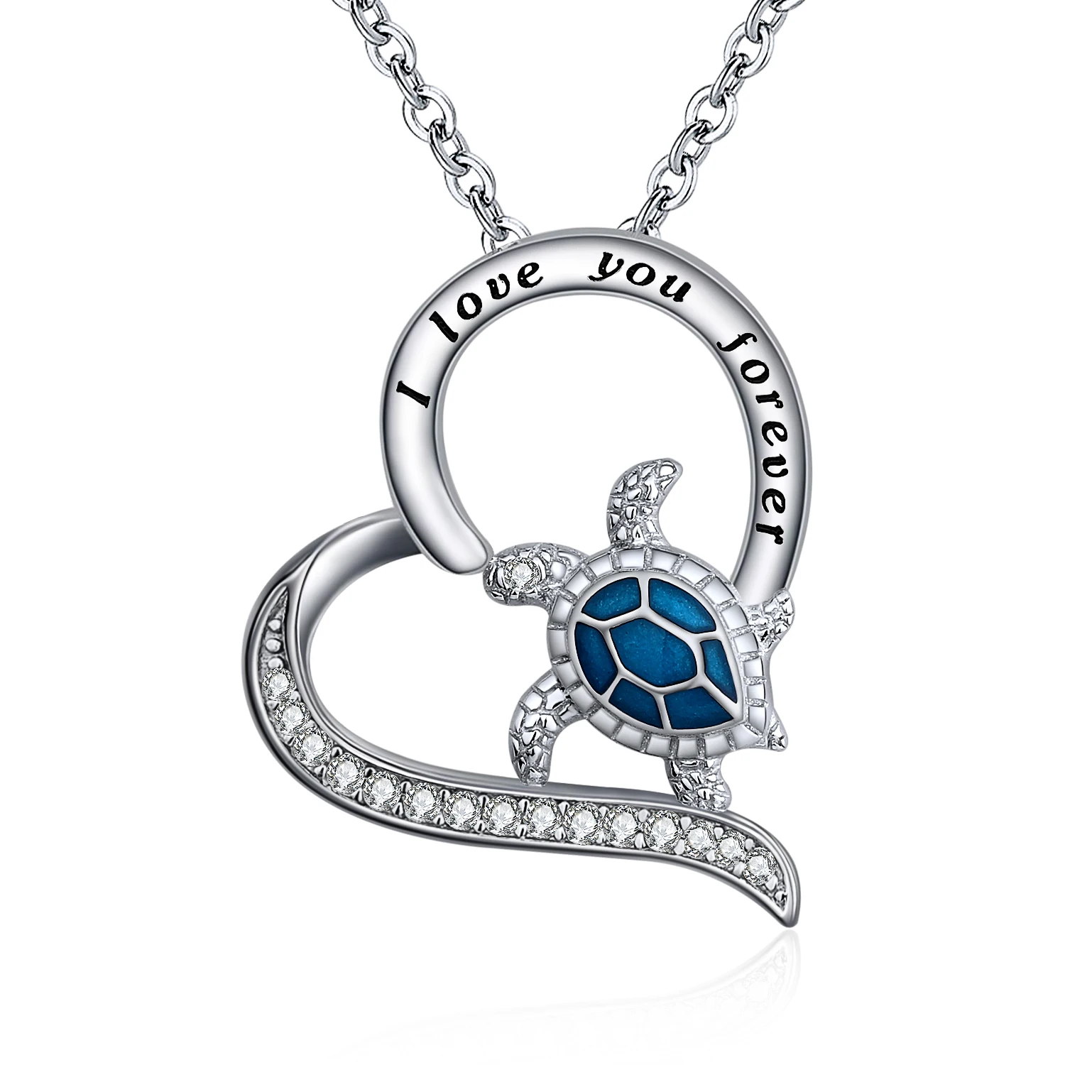 

925 Sterling Silver Blue Enamel Sea Turtle Necklace I Love You Forever Pendant Holiday Beachy Mothers Day Jewelry for Women Mom
