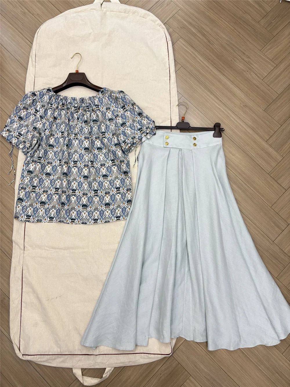 

Women's Summer Silk Short Sleeve Top + High Waist A-Line Skirt 2-piece Set