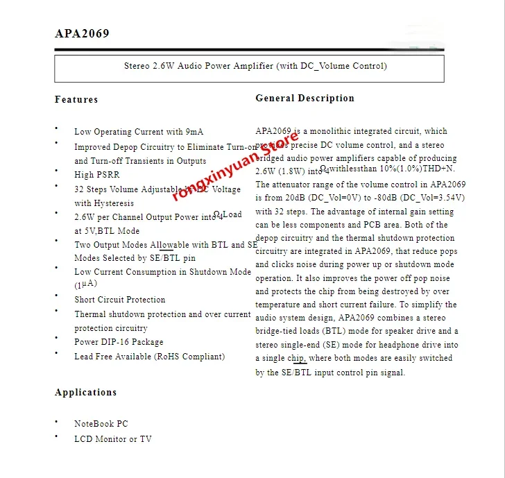 APA2069JI APA2069 APA2069JI-TUL APA2069JI-TUG DIP-16 Stereo 2.6W Audio Power Amplifier (with DC_Volume Control)100% new original