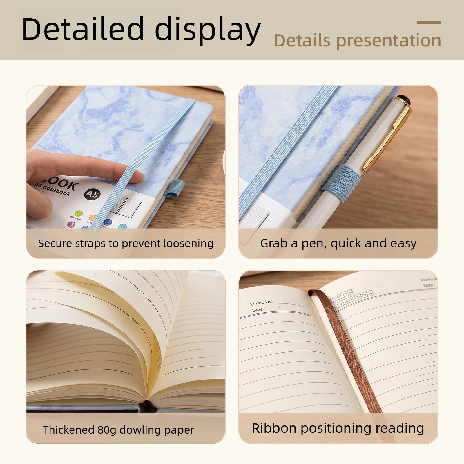 A5 Marbling Style Notebook Vintage Color PU Leather with Strap 100 Sheets Inner Paper for Office Use