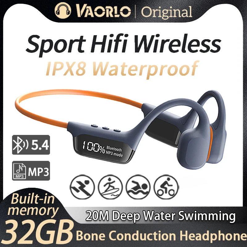 Bluetooth 5.4 Bone Conduction Headphone IPX8 Waterproof Swimming LED Display 32GB MP3 Player HIFI Music Sports Wireless Earphone