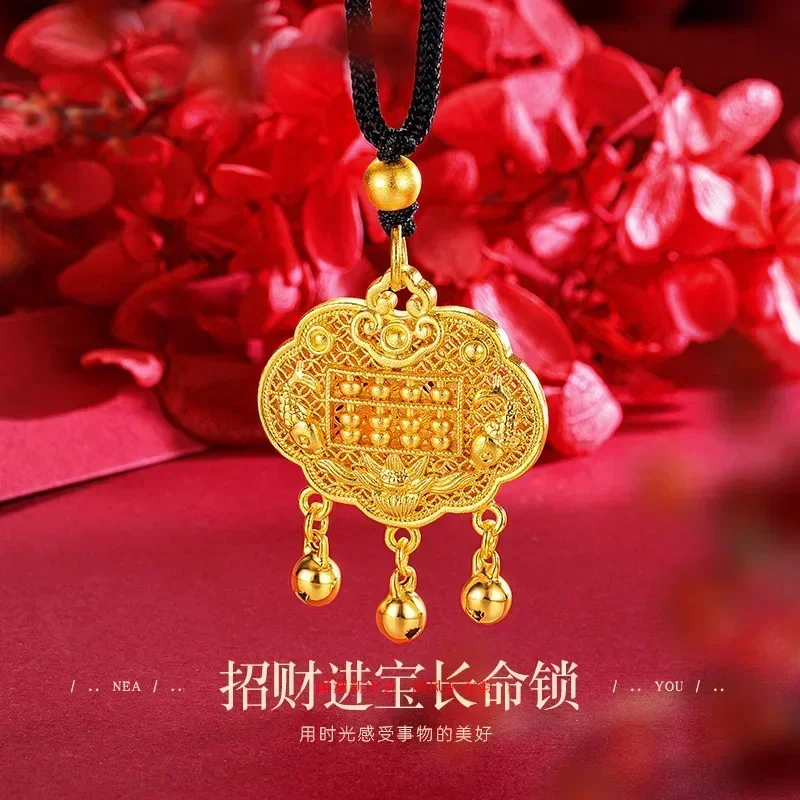 Eldorado Gold  9999 Real Gold 24K Ancient Long Life Lock Pendant Bell Safety Lock Pendant Retro Lucky Treasure Abacus Braided Ro