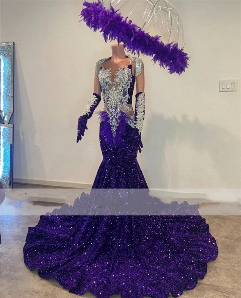 Luxury Purple Mermaid Prom Dresses 2024 For Black Girls Bottom Beading Elegant Crystal O Neck Evening Party Gowns Birthday Dress