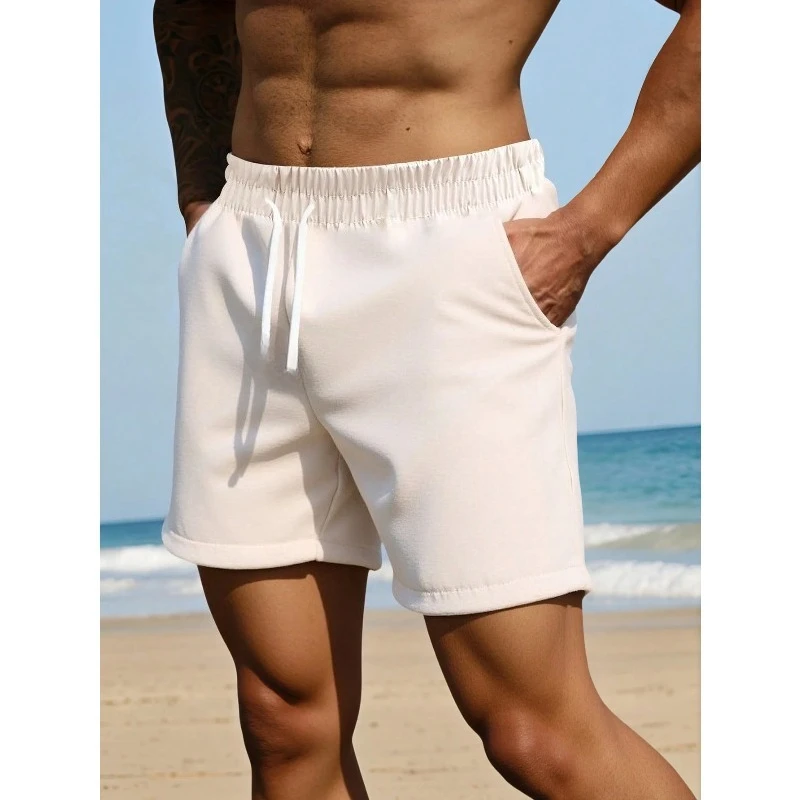 Мужские однотонные белые шорты на талии больших размеров на шнурке. Хлопковая спортивная одежда, фитнес и повседневные удобные брюки. Мужские шорты.