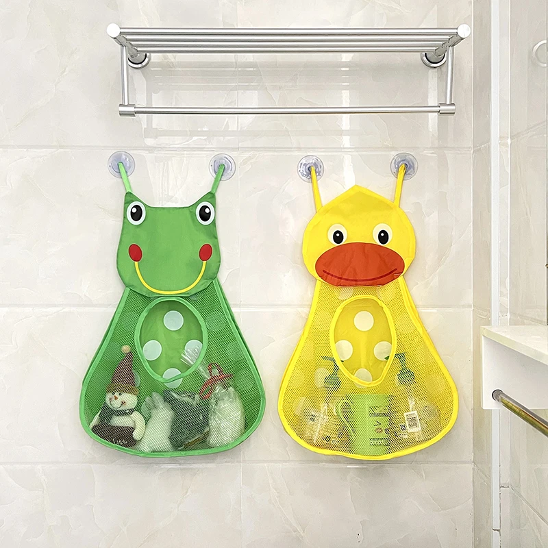 Duck Frog Bath Toys Storage Hanging Bags Baby Shower Powerful Suction Cup Storage Hanging Bag Portable Drainage Mesh Bags Supply image 3