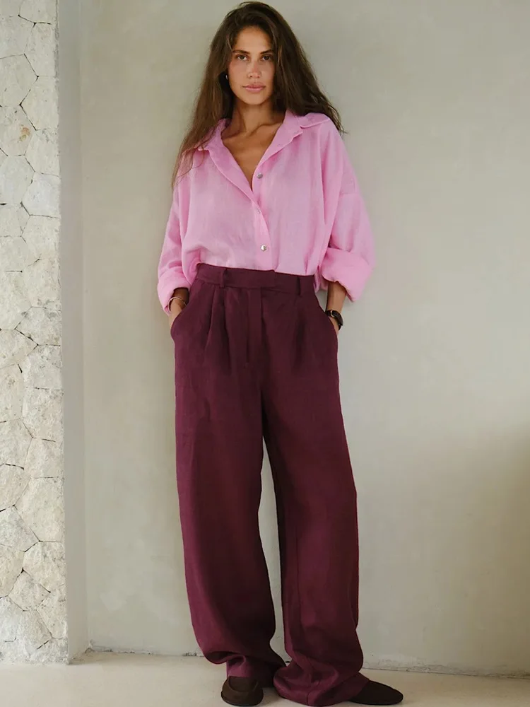 패션 느슨한 블라우스 봄 도시 여성 리넨 셔츠 긴 소매 턴 다운 칼라 탑 여성을위한 빈티지 코튼 린넨 셔츠