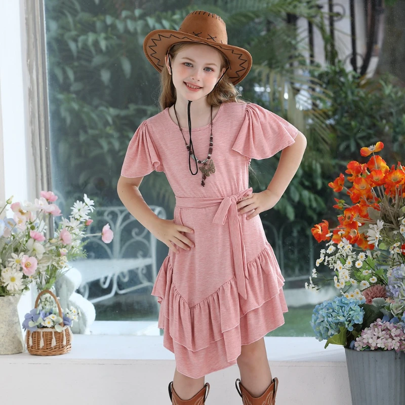 

2025 Vacation Style Summer New Girls' Cotton Ruffle Sleeves with Flying Edge Hem Solid Color Dress