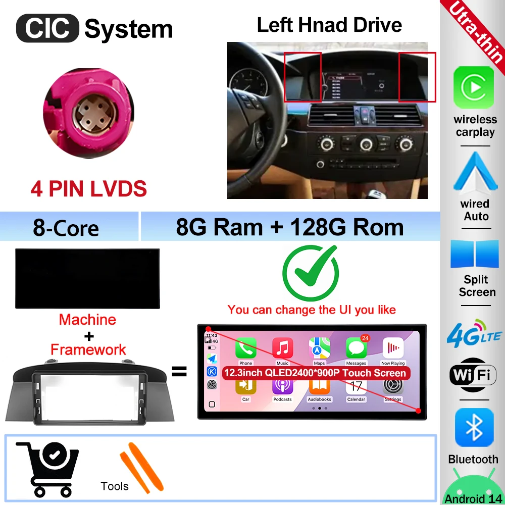 12.3" Ultra-thin Screen Android 16 BT for BMW 5 Series E60 E61 E62 2004-2008 CIC CCC System 4G Car Radio Video Multimedia Player image 3