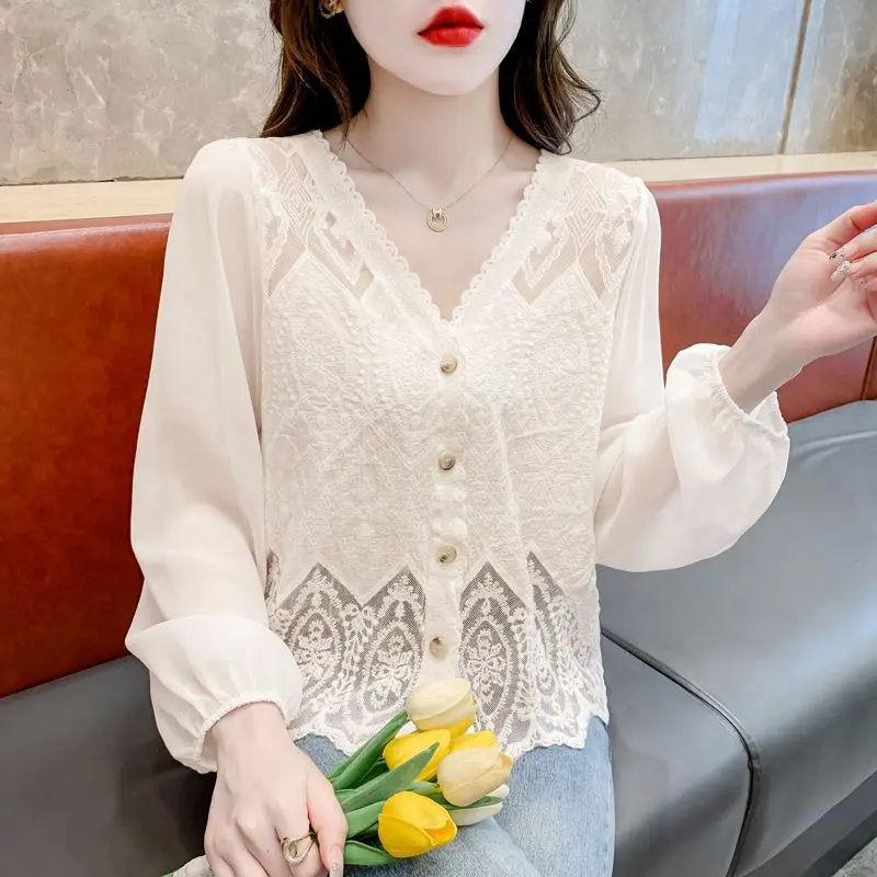 Simplicity Versatile Commuting Women\'s Top 2023 Autumn and Winter New Button Hollow Out V-neck Long Sleeved Solid Color Shirt