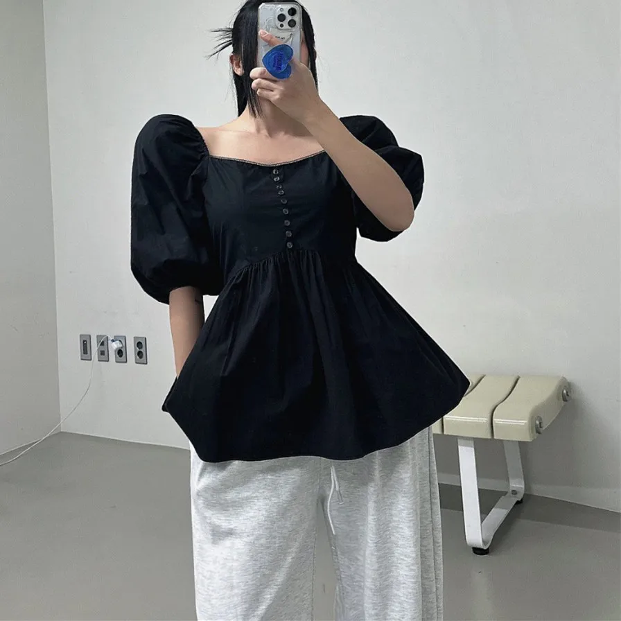 

Женская свободная блузка с квадратным вырезом и рукавами-фонариками в корейском стиле для весны, осени и зимы, повседневная одежда