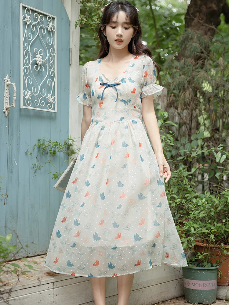 

Summer White Chiffon Print Midi Dress Women Fashion Chic Puff Sleeve Bow Square Collar Dress 2025 New Korean Elegant Beach Dress