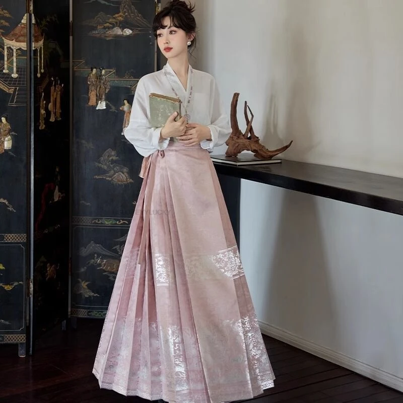 New Chinese Style Horse Face Skirt Set 2024 Original Design Ming Dynsaty V Neck Hanfu Daily Chinese Traditional Hanfu Dress Set