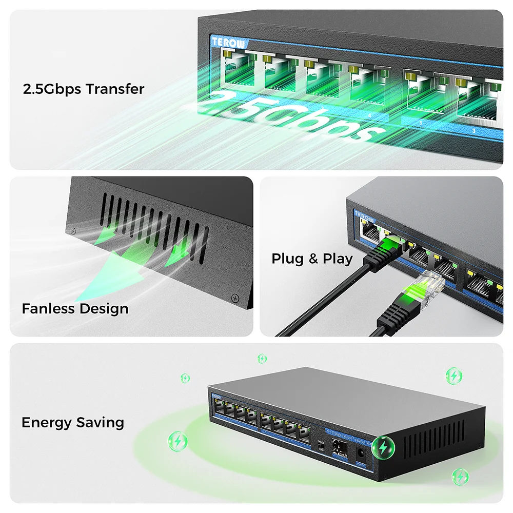 Terow 8 ports 2,5 gbe switch 2500mbps ethernet switch 10g sfp port 2,5 GBASE-T rj45 ports netzwerk switch für wifi router ip kamera