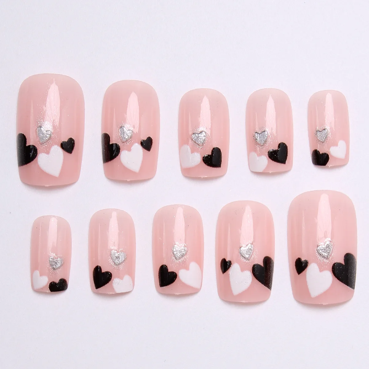 

24PCS Black White Heart Gold False Nails Nude Pink Heart Almond Oval Shape Press on Nails Minimalist Simple Sweet Daily Nail Art