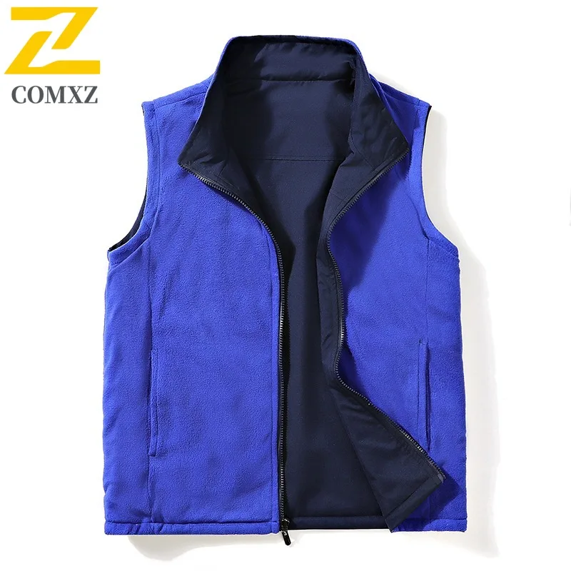 COMXZ 2025 T01 Autumn New Middle Aged Fleece Vest Reversible Waistcoat Turn Down Collar Top Plus Size Mens Vest