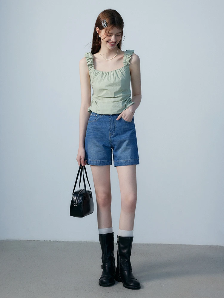Black Pleated Collarless Vest Versatile Casual Texture Sleeveless Short Top Women's Fashion Summer Cotton Eggka E24A5153jy