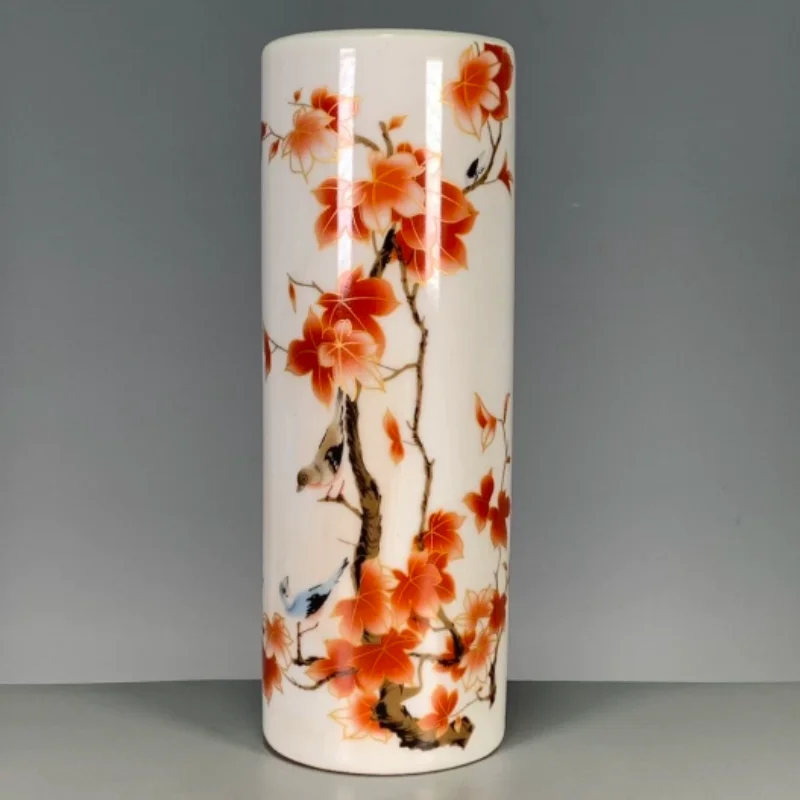 Antique Ceramic qing guangxu Famille rose porcelain Red Maple Bird Pattern Pen Holder Brushing Pot Modern Exquisite Crafts