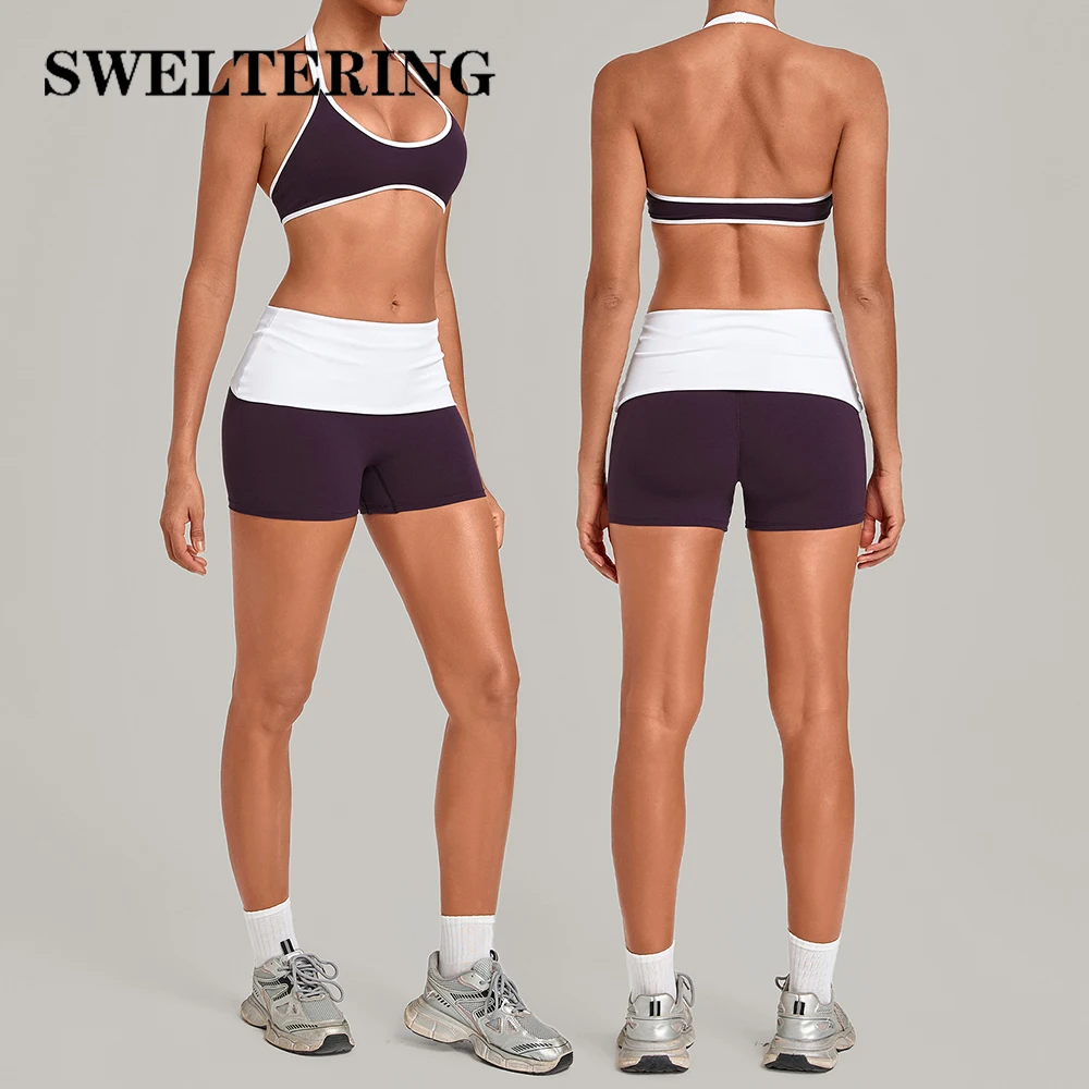 Two Piece Contrast Color Yoga Suit Women's Tracksuits Fold Over Waist Shorts Fitness Outfits Sportswear Female Workout Clothes