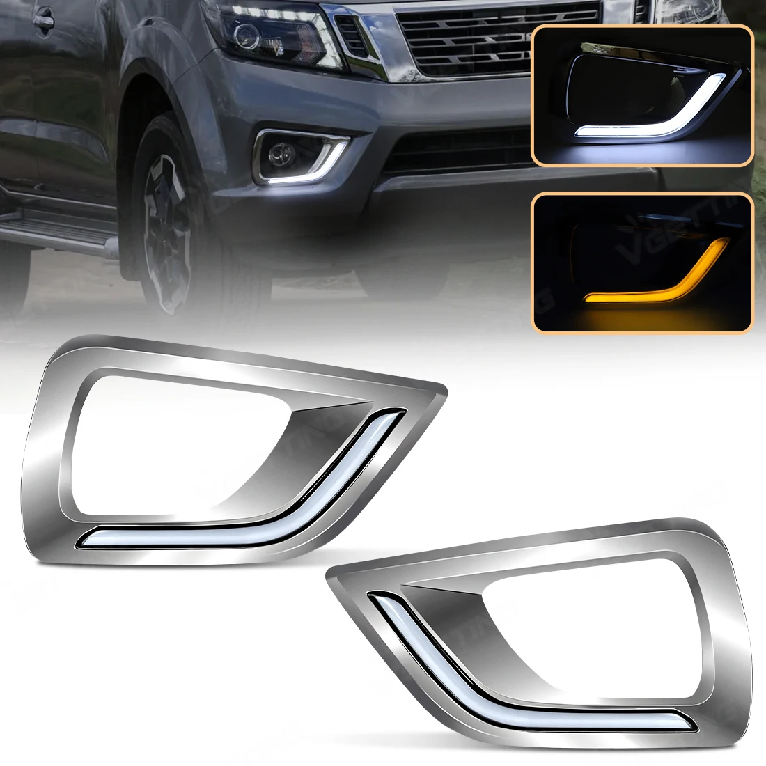 

1 Pair Daytime Running Light For Nissan Navara NP300 2015 2016 2017 2018 2019 Yellow Turn Signal Lamp Chrome/Black Cover LED DRL
