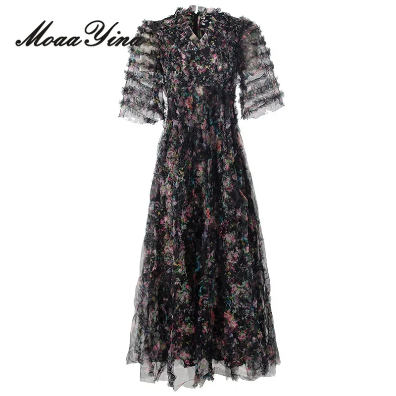 

MoaaYina Summer High Quality New Arrivals Women Dress Bohemian Floral Print Net Yarn Flutter Cascading Ruffle Elegant Dresses