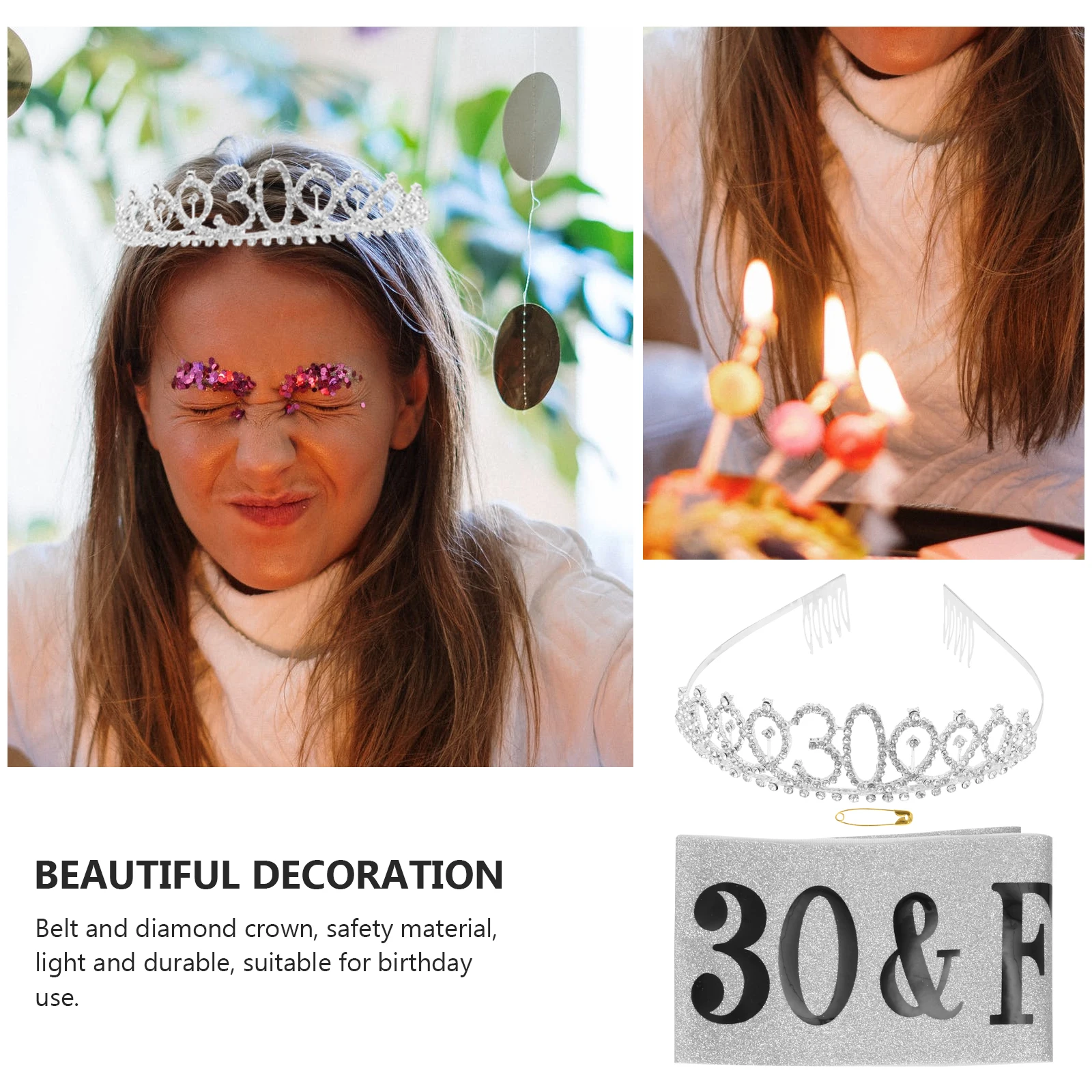 

Crown Set Sash and Party Accessory Birthday Tiara Headgear Exquisite Headband White Satin Fabric Attractive