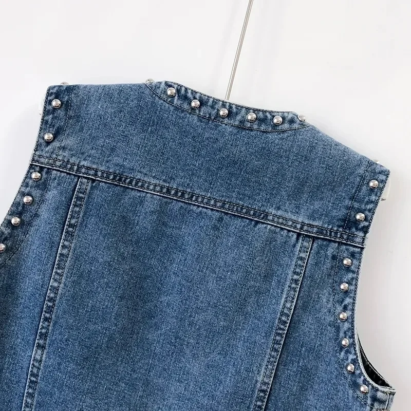 Vintage Rivet Sleeveless Jacket V-neck Denim Vest Women Spring Autumn Female  Short Jeans Coat Cowboy Waistcoat Female