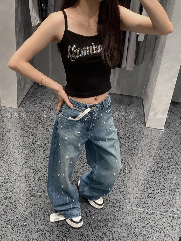 

Американский ретро-дизайн, тяжелые джинсы со стразами и бисером для женщин, осенние свободные синие широкие брюки BF, женские длинные брюки Scimitar